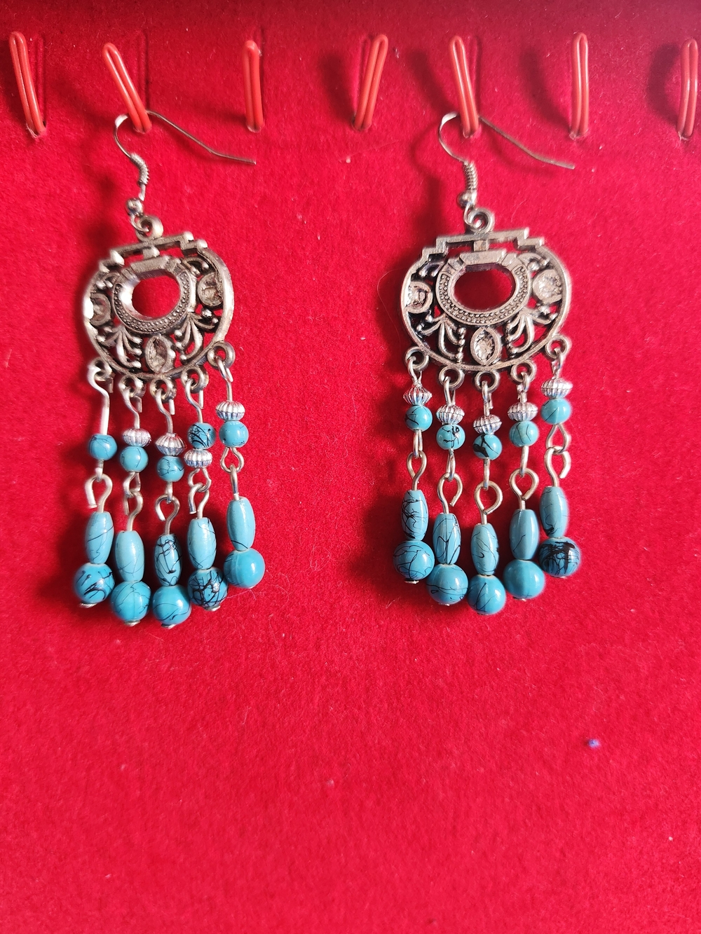 Turquoise Beaded Dangle Earrings - Boho Silver Accent